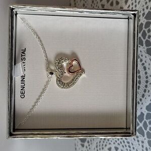 Two Tone PLT Brass Crystal Double Heart Pendant Necklace